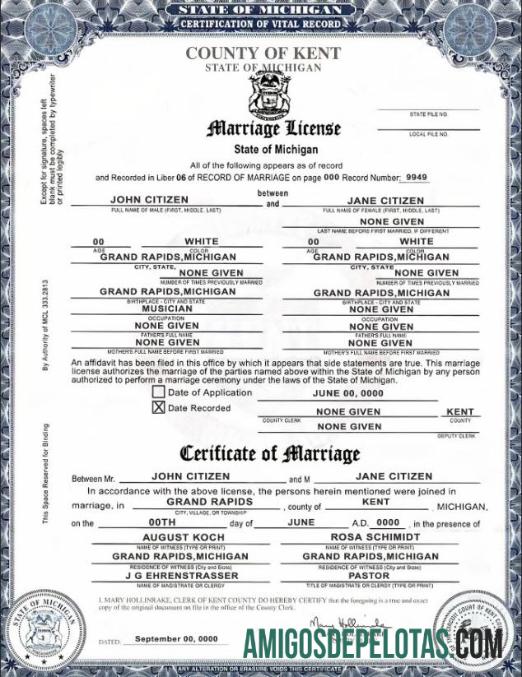 Para baixar modelo de certidão de casamento do estado dos EUA, Michigan, condado de Kent em formato PSD, totalmente editável, versão 2